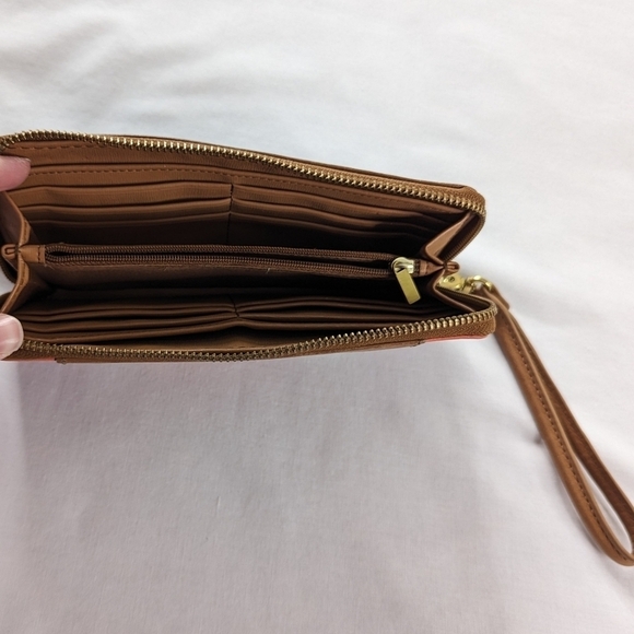 Fossil Leather Coral Black Tan Suede Zipper Closure Wristlet Wallet - Picture 3 of 6